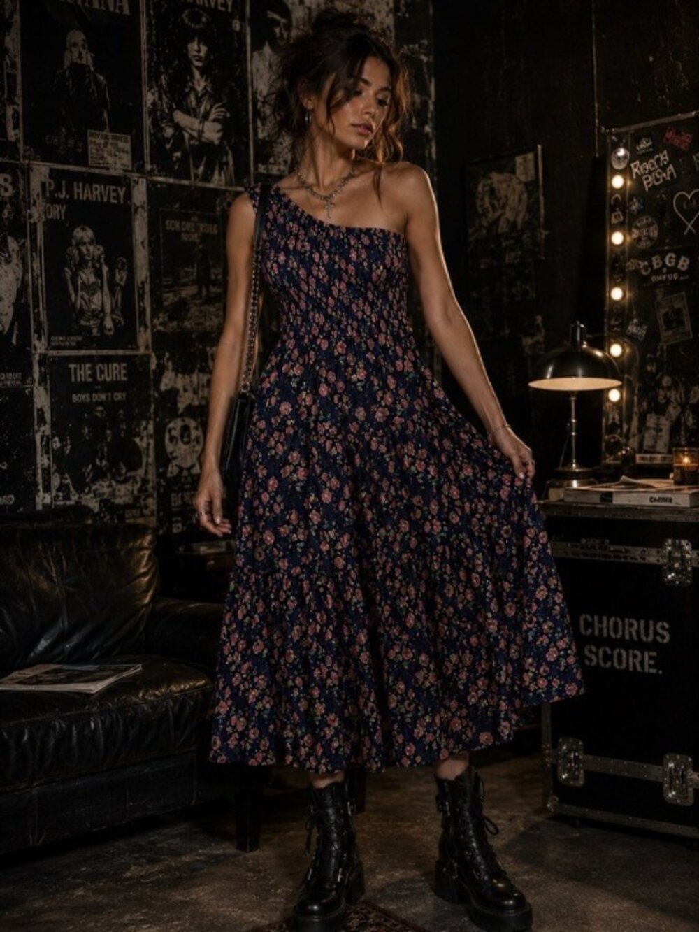 Lulus Floral One Shoulder Midi Dress Blue Pink Cottagecore Romantic Size S